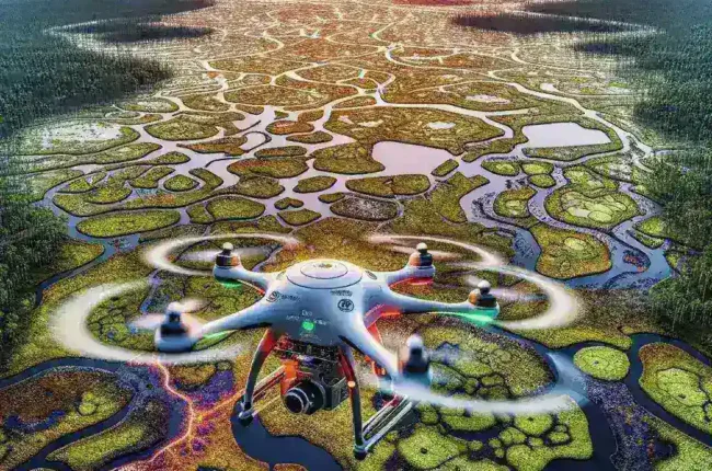 "Drone modern digunakan untuk pemetaan lahan gambut, menunjukkan potensi kebakaran dan dampak lingkungan di area yang terkena. Teknologi drone membantu dalam pengumpulan data akurat untuk penelitian kebakaran hutan."