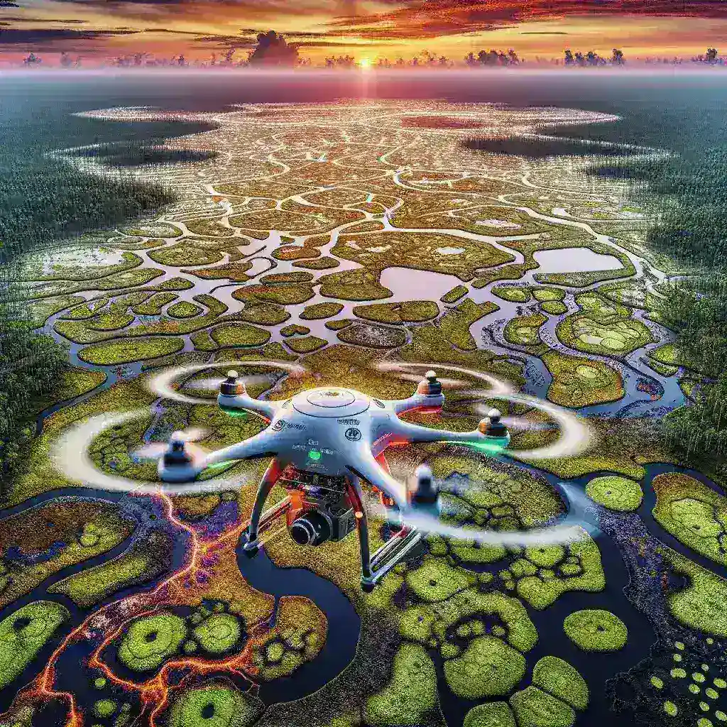 "Drone modern digunakan untuk pemetaan lahan gambut, menunjukkan potensi kebakaran dan dampak lingkungan di area yang terkena. Teknologi drone membantu dalam pengumpulan data akurat untuk penelitian kebakaran hutan."