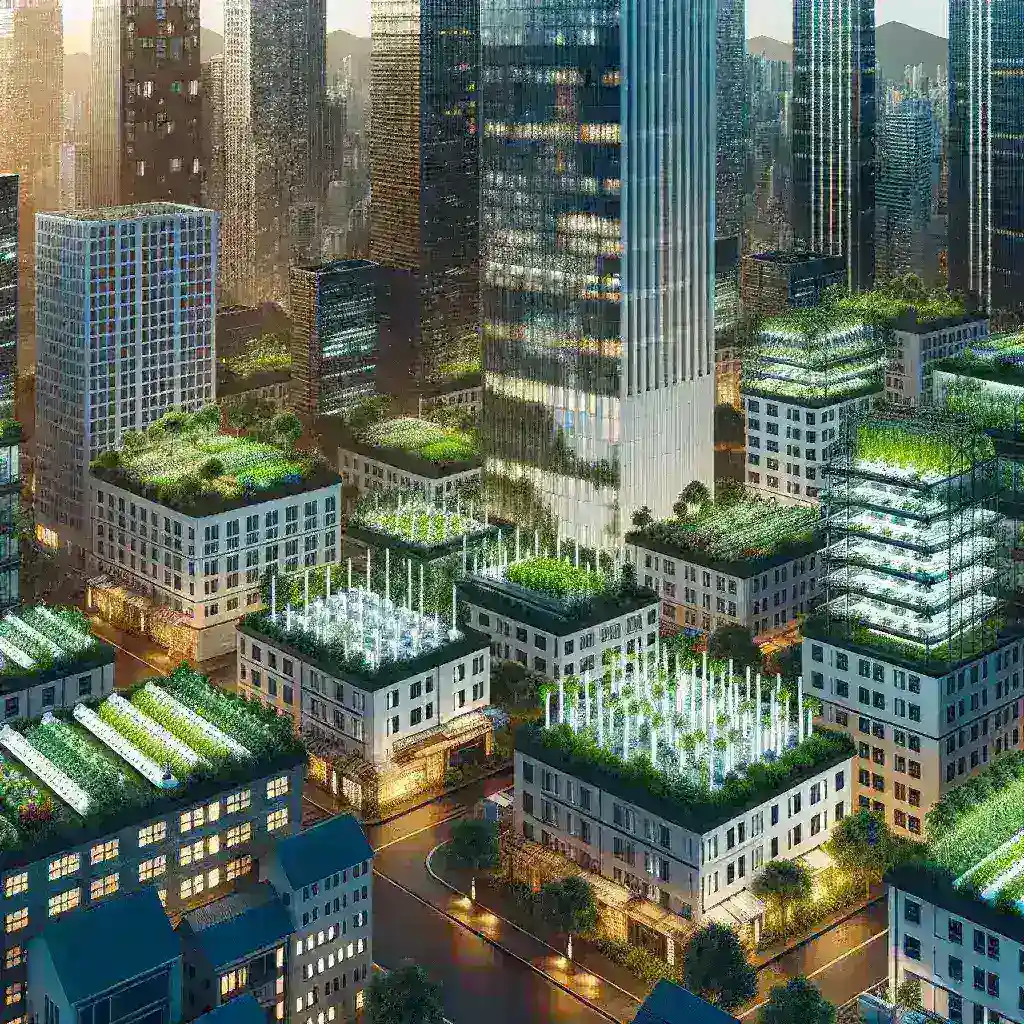 "Implementasi hidroponik pintar dalam urban farming di perkotaan padat: perangkat modern dan tanaman segar berwarna hijau yang tumbuh dalam sistem hidroponik, menunjukkan inovasi pertanian berkelanjutan."