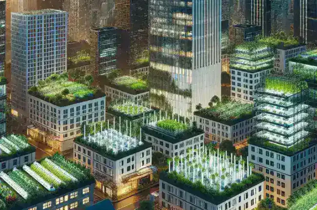 "Implementasi hidroponik pintar dalam urban farming di perkotaan padat: perangkat modern dan tanaman segar berwarna hijau yang tumbuh dalam sistem hidroponik, menunjukkan inovasi pertanian berkelanjutan."