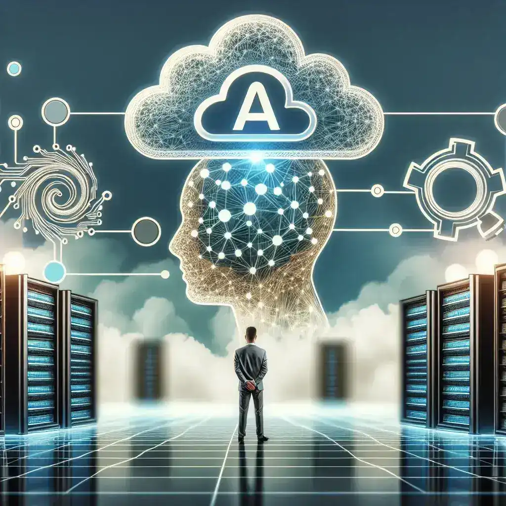 "Ilustrasi pusat data modern dengan server canggih, menggambarkan dampak permintaan AI dan cloud computing terhadap pembangunan infrastruktur teknologi informasi."