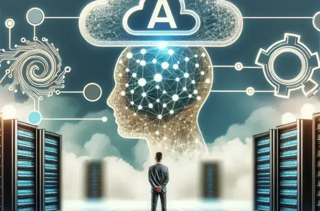 "Ilustrasi pusat data modern dengan server canggih, menggambarkan dampak permintaan AI dan cloud computing terhadap pembangunan infrastruktur teknologi informasi."