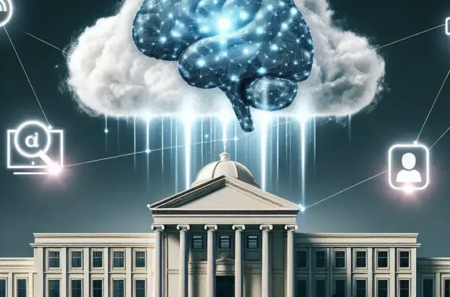 "Ilustrasi integrasi AI dan cloud computing dalam layanan pemerintahan, menunjukkan efisiensi dan inovasi teknologi modern untuk meningkatkan pelayanan publik."