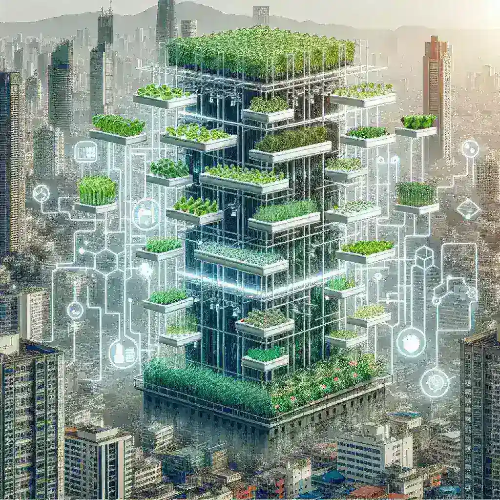 "Implementasi sistem hidroponik pintar untuk urban farming di kawasan perkotaan padat, menampilkan tanaman segar tumbuh di unit hidroponik modern di tengah lingkungan perkotaan."