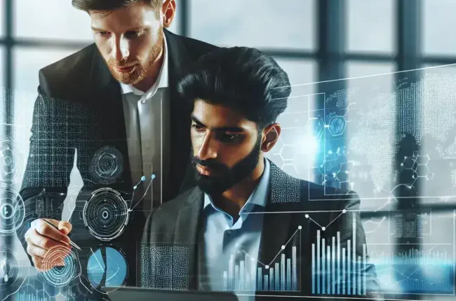"Ilustrasi profesional audit digital yang sedang menganalisis data dan laporan keuangan di komputer, menggambarkan meningkatnya kebutuhan profesional di bidang audit digital."