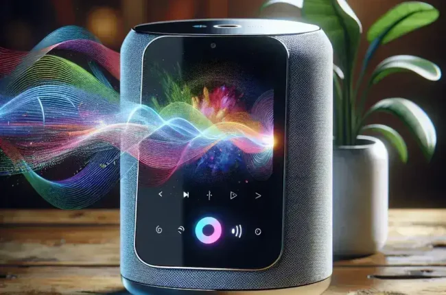 "Echo Show baru dari Amazon dengan layar yang bisa diputar otomatis, menampilkan desain modern dan fungsionalitas canggih untuk kemudahan penggunaan di rumah."